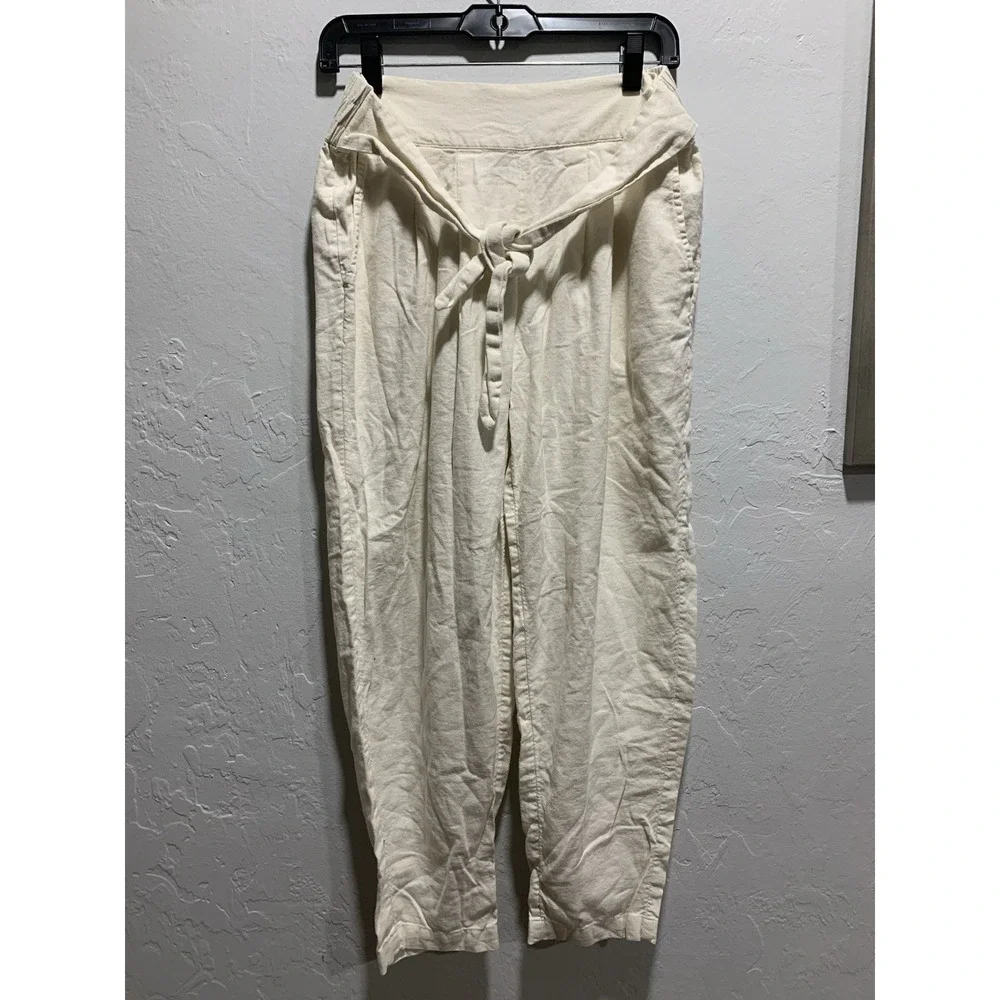 WHO WHAT WEAR Women's Beige Linen Rayon Woven Tapered Pants Pockets M